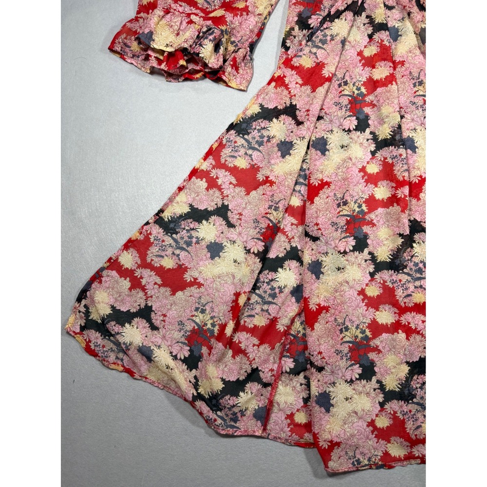 Sheer Whimsy Fairy Boho Feminine Floral Duster Red Pink Ruffle Sleeve S/M - Picture 6 of 16